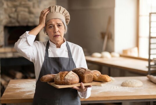 Senior female baker holding fresh bread with a worried expression, experiencing deadline pressure