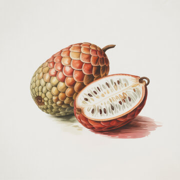 Watercolor of two lychees, one whole and one halved