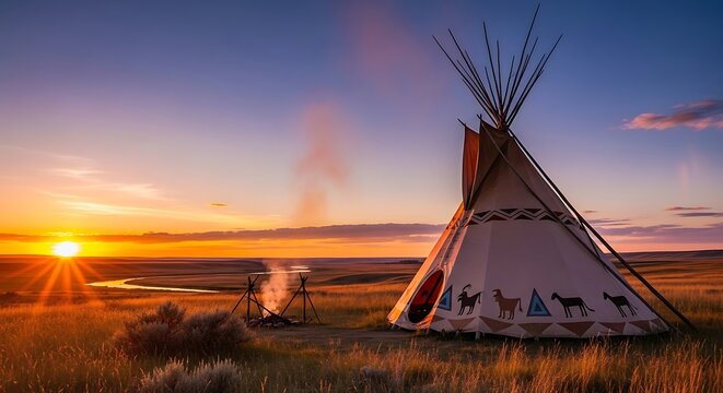 Tipis and campfire on a vast prairie at sunset, illuminated by golden light