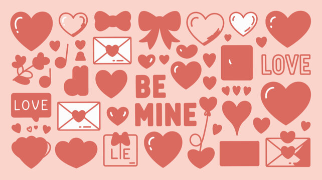 collection of hearts and love symbols vector illustration valentine romance bow envelope music notes pink background flat design icon pattern affection