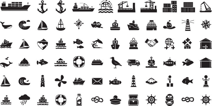 Nautical Icons Collection: A comprehensive array of black and white icons representing various maritime elements, including ships, anchors, lighthouses, and sea creatures.