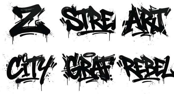 Set of black graffiti street art tags including city rebel and graf words with paint drips and splatters on white background