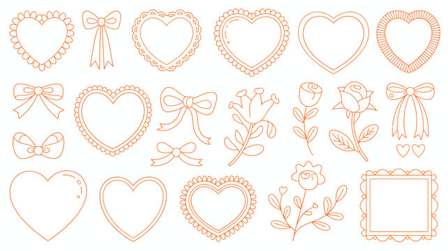 heart shapes and floral elements line art outline bow rose frame pattern design romantic valentine love symbol ornament decoration icon illustration