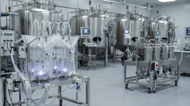 Medium shot of a smart sensorized singleuse bioreactor showing integrated inline analytics for efficient antigen production in a modern lab environment. Medium shot capturing