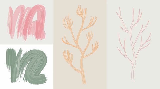 abstract brush strokes and tree branches collage artwork painting line drawing minimalist modern graphic design pattern composition aesthetic visual element creative