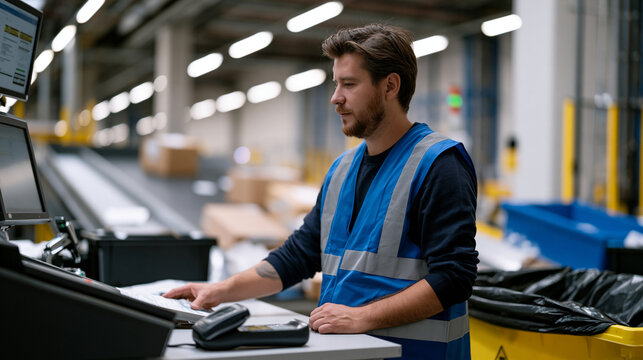 E-commerce quality control inspector pulling random orders from a fulfillment conveyor to verify item accuracy and packaging condition, standing at a light inspection table in an otherwise empty qua