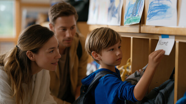 First grader pressing a handmade name tag onto a classroom cubby, teacher crouching beside to help, cubbies lined with tiny backpacks and lunch bags, crayon drawings taped to the wall above, a bustl