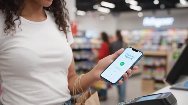 Customer using mobile phone for contactless payment at retail store checkout counter in this motion animation clip showing successful digital transaction process with app confirmation screen