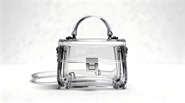 Transparent clear plastic handbag with silver hardware isolated on whi