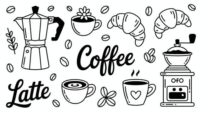coffee themed line art illustration moka pot croissant beans cup latte grinder flower black white simple design breakfast morning cafe food