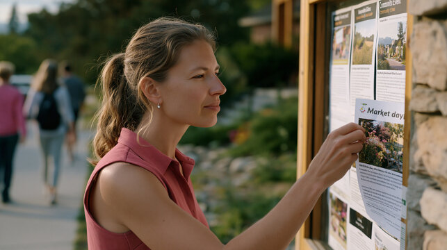 Grassroots nonprofit marketing coordinator posting community event flyers across a neighborhood bulletin board outside a local library, pausing to straighten a printed market day announcement as ped