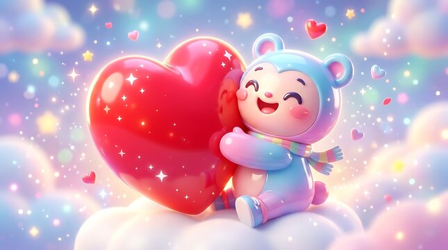 Adorable pastel colored cartoon bear character with a joyful expression happily hugging a large shiny red heart in a dreamy magical sky filled with glowing stars and soft fluffy clouds