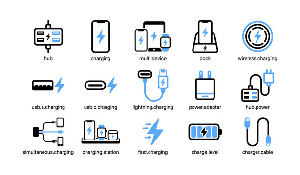 Charging and power icons showing cables and adapters