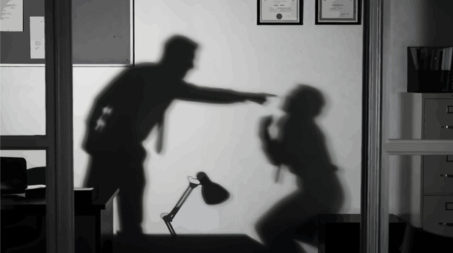 Monochrome stark black and white shadow profile of corporate business office boss firing employee or shouting in anger
