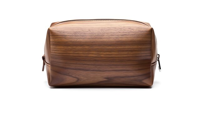 Brown wooden makeup bag with horizontal grain pattern