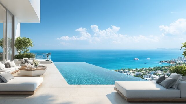 Luxurious elevated patio area features an infinity edge swimming pool overlooking a vast azure ocean and coastal settlement.