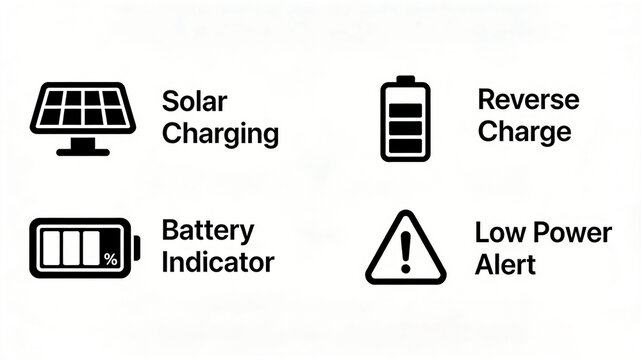 Solar panels, reverse charging pools, power bars, and low battery warnings represent outdoor energy management and are suitable for outdoor power sources and portable energy storage devices.
