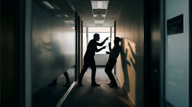 Dramatic silhouette of man pinning another person against office corridor wall in aggressive hallway fight conflict