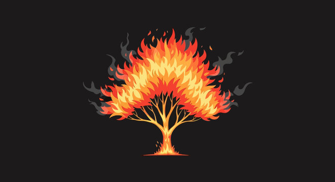 Tree made of flames burning wildly on black background