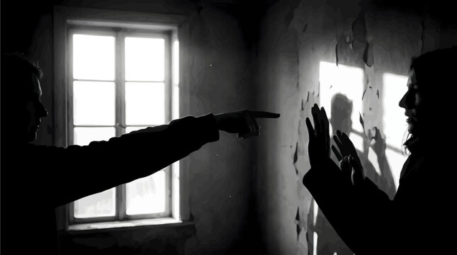 Monochrome stark black and white composition showing hand pointing accusingly at wall shadow person in dark room