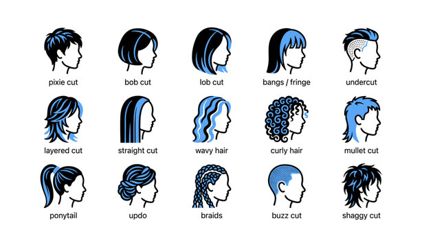 Various hair style icons displayed in labeled grid on white background