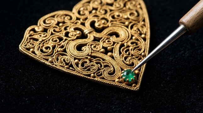 Artisan meticulously inlaying emerald into intricate gold filigree jewelry with fine tool