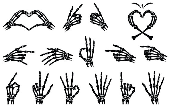 Skeleton Hand Gestures Vector Set Featuring Black Flat Finger Poses and Cut File Designs for Halloween Crafts, Stickers and Apparel