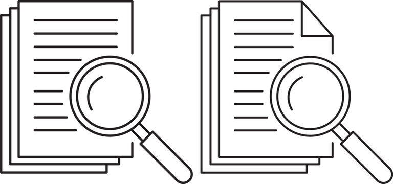 Minimalist black line illustration of a magnifying glass scanning text documents isolated on white background, business research and data analysis concept.