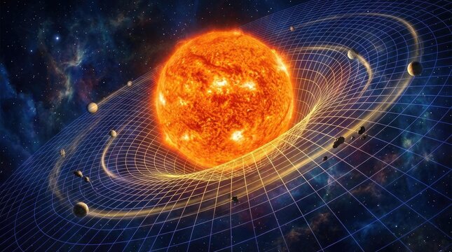 Sun's immense mass causes spacetime curvature, gravitationally bending cosmic fabric, creating planetary orbit, illustrating general relativity theory, deep universe science concept.