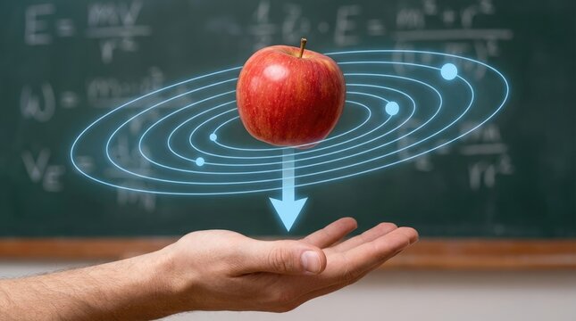 Apple demonstrating gravity, spacetime curvature, general relativity principle, universal gravitation, mass influence, orbital path, gravitational field, geodesic trajectory, metric tensor.