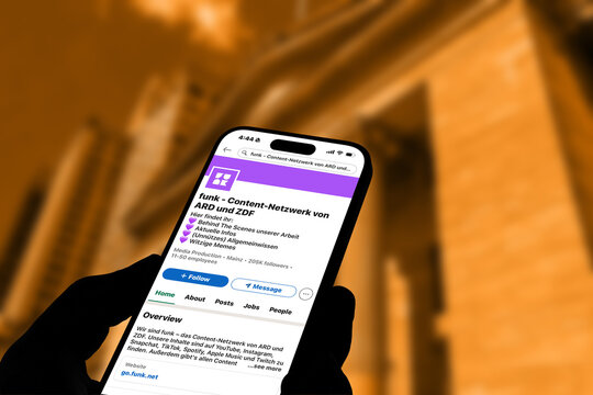 Kiel, Germany - 06-02-2026: LinkedIn profile of funk Content network by ARD and ZDF targeting young audiences displayed on smartphone in office environment