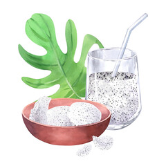 Composition of the glass with the pitahaya smoothie, glass straw, bowl with the pitahaya and monstera leaf. Watercolor illustration for design, cards, cover, prints, product labels and fabric © Nataliia
