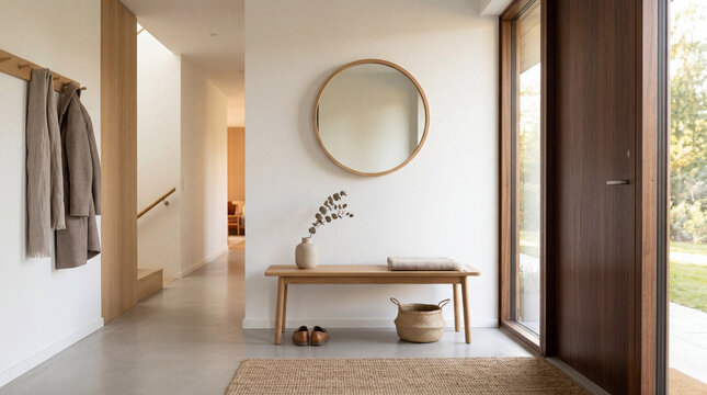 Minimalist home entryway interior with natural light