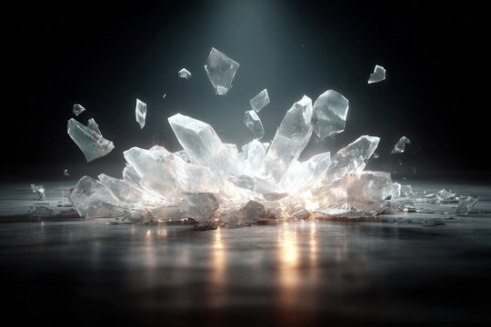Crystals shattering from an explosive impact, scattering light-infused fragments across a dark surface