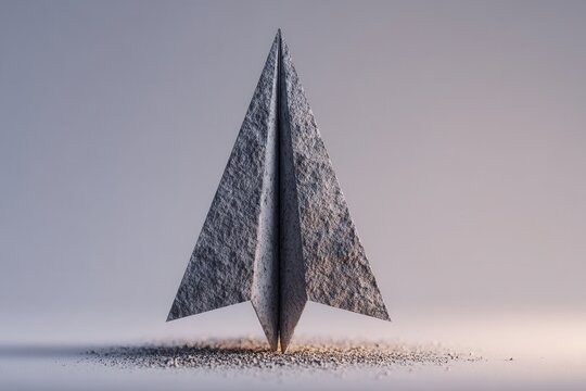 Stone paper airplane landing on a ground of rubble, symbolizing innovation and perseverance