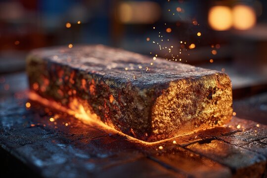 Steel block glowing with sparks while being processed in a hot metal industry