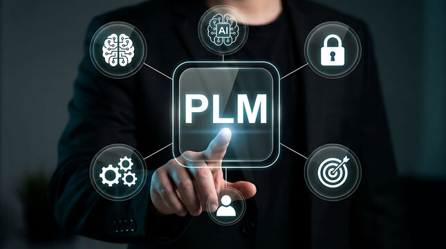 PLM concept with businessman touching screen and digital icons of data management