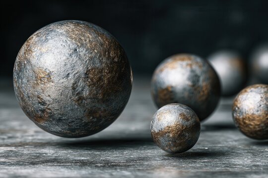 Textured spheres floating above a dark concrete surface, representing gravity and balance