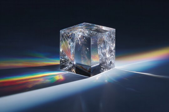 Crystal cube breaking light into a colorful rainbow spectrum on a dark background