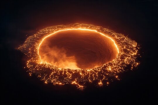 Active volcano crater with bubbling lava and glowing rock formations