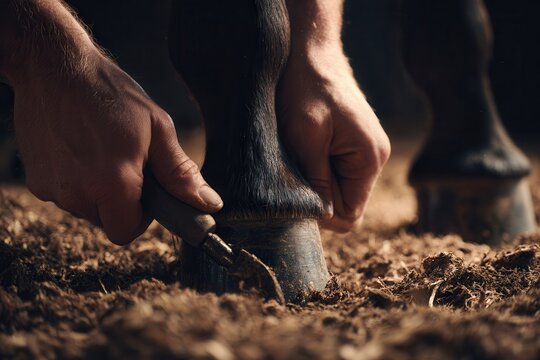 Farrier hands cleaning horse hoof using a hoof pick tool for equine care