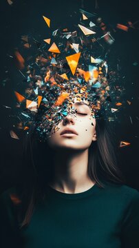 Young woman with closed eyes experiencing a conceptual head explosion of thoughts and information, representing burnout and stress against a dark background