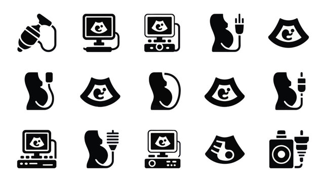 Set of 15 Black Ultrasound and Pregnancy Medical Icons Vector