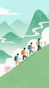 Illustration of hiking, mountaineering and outdoor travel
