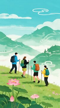 Illustration of hiking, mountaineering and outdoor travel