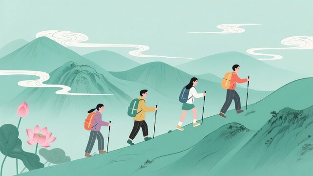 Illustration of hiking, mountaineering and outdoor travel