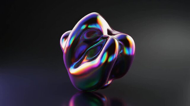 Iridescent liquid metal abstract 3D shape with rainbow reflections. Amorphous organic blob floating on dark reflective background. Futuristic fluid motion design for creative digital media projects.