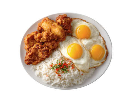 Crispy fried chicken with sunny side up eggs and steamed rice on white plate