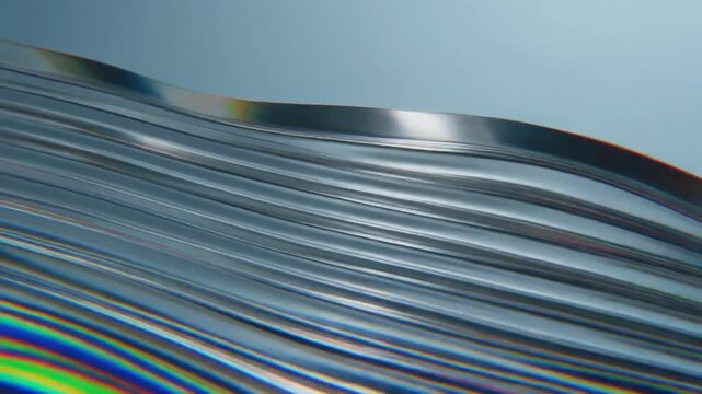Abstract metallic rippled texture with prismatic light reflections. Diagonal silver lines featuring chromatic aberration and iridescent highlights. Static high-tech background for corporate video