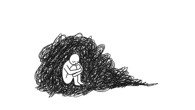 Sad stick figure sitting inside a large chaotic messy scribble tangle, depression concept. Metaphor for deep depression, anxiety, mental illness, emotional burnout, loneliness, and feeling trapped.